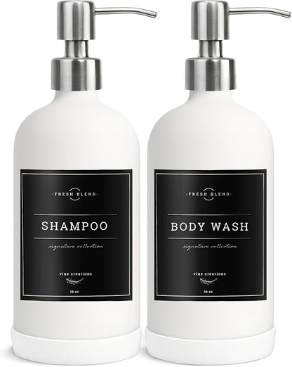 Vine Creations White Glass Soap Dispenser, 2 Pack Kitchen Soap Dispenser Set with Stainless Steel Pump, 16 oz Dish Soap and Hand Soap Dispensers for Bathroom with Waterproof Labels
