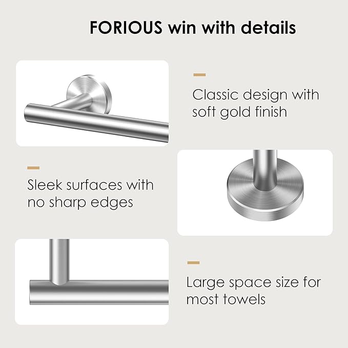 FORIOUS Towel Racks for Bathroom Wall Mounted, Stainless Steel Bathroom Towel Rack 24 Inch, Includes Wall Mounting Hardware (Brushed Nickel, Total Length 26-Inch)
