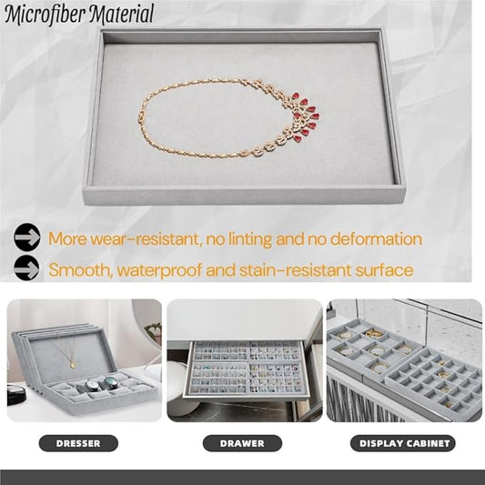 Microfiber Jewelry Tray Stackable Jewelry Organizer Drawer Trays For Necklace Bracelets Watch Perfume Storage Holder (Grey)