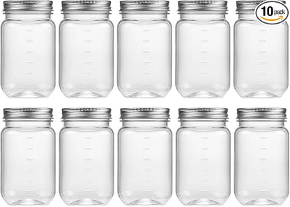 novelinks 16 oz Clear Plastic Jars with Lids, Refillable 16oz Mason Jars with Lids & Storage Containers for Kitchen & Household Use (10 Pack,Silver)