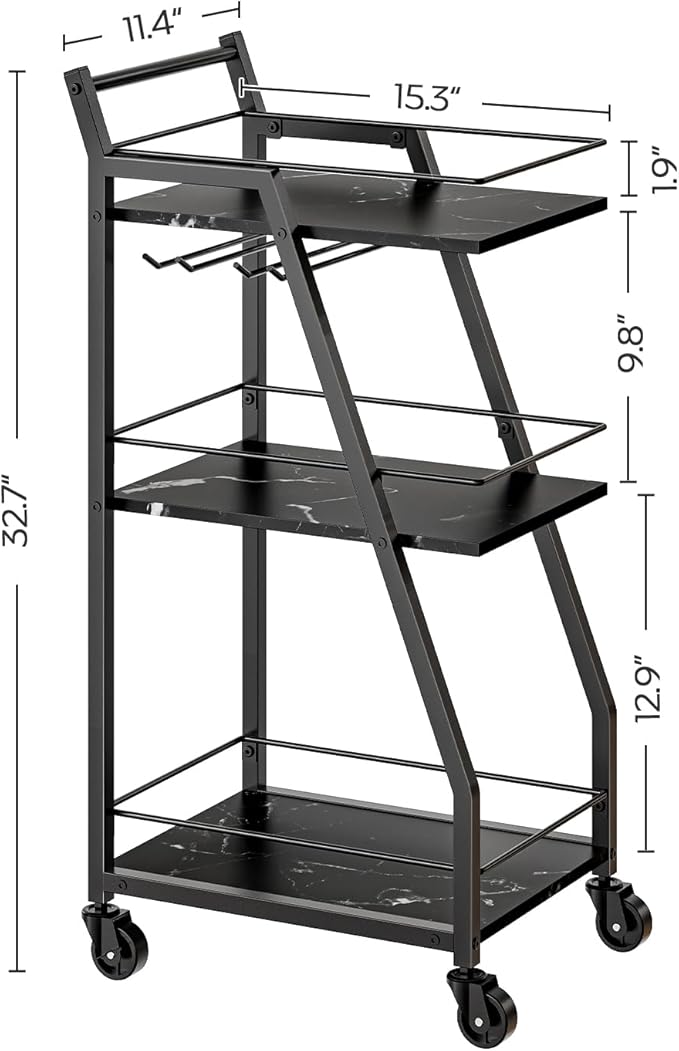 Bar Cart, Bar Cart for The Home, Small Bar Cart on Wheels, Beverage Cart, Home Bar Serving Cart with Glass Holder, Drink Cart for Bar, Kitchen, Marble Black and Black BC03BM