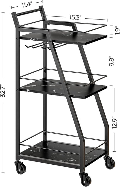 Bar Cart, Bar Cart for The Home, Small Bar Cart on Wheels, Beverage Cart, Home Bar Serving Cart with Glass Holder, Drink Cart for Bar, Kitchen, Marble Black and Black BC03BM