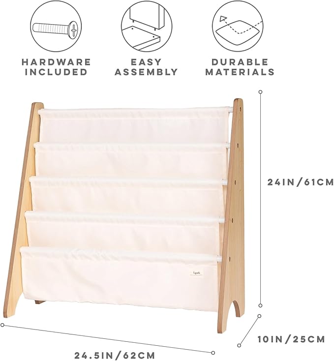3 Sprouts Recycled Fabric Kids Bookshelf – 4-Tier Sling Book Rack Organizer - Nursery Room Playroom Classroom Wooden Book Shelves - Kid Bookcase Wood Storage Shelf for Toddler Age 3+ Cream