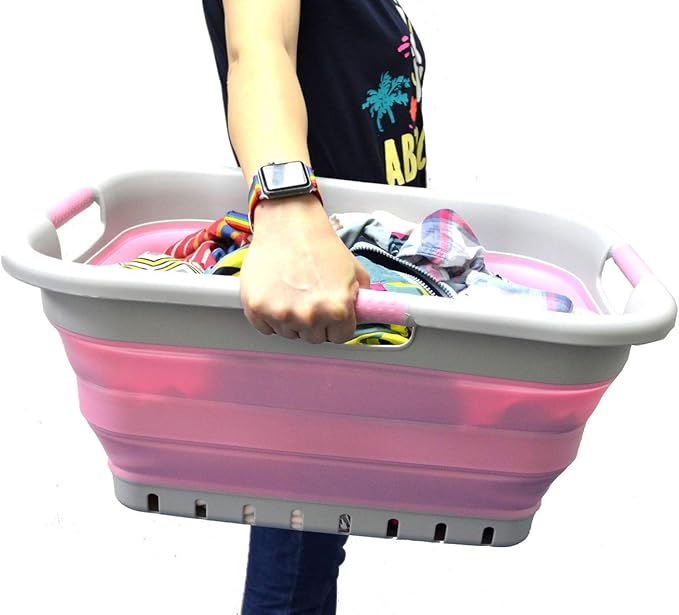 SAMMART 41L (10.8 gallon) Set of 2 Collapsible 3 Handled Plastic Laundry Basket-Foldable Pop Up Storage Container/Organizer-Space Saving Hamper/Basket (2, Grey/Pink)