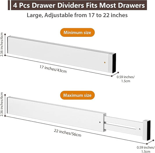 DUCOO 4 PCS Drawer Divider, 17"-22" Adjustable Bamboo Drawer Dividers Organizers, Expandable Separators for Kitchen, Clothes, Dressers, Home, Office, White
