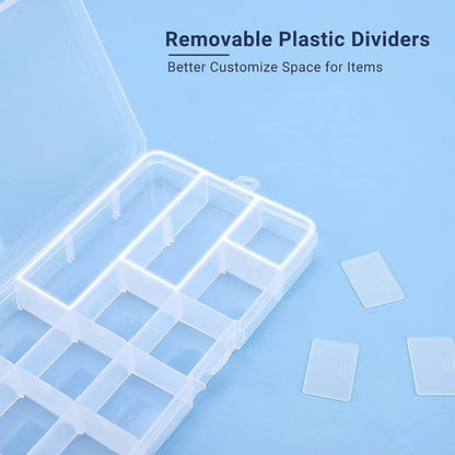 Rhinestone Organizer Storage Box, 4PCS 15-Grid Small Clear Plastic Jewelry Case, Empty Container Dividers for Nail Art Craft Accessory, Display Holder for Fishing Tackle, Bead, Charms, Sewing