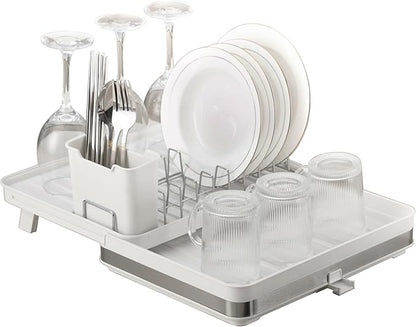 Collapsible dish drying rack,stainless steel foldable dish rack with cutlery holder,multifunctional expandable big capacity dish drainer board,Space Saving extendable dish holder