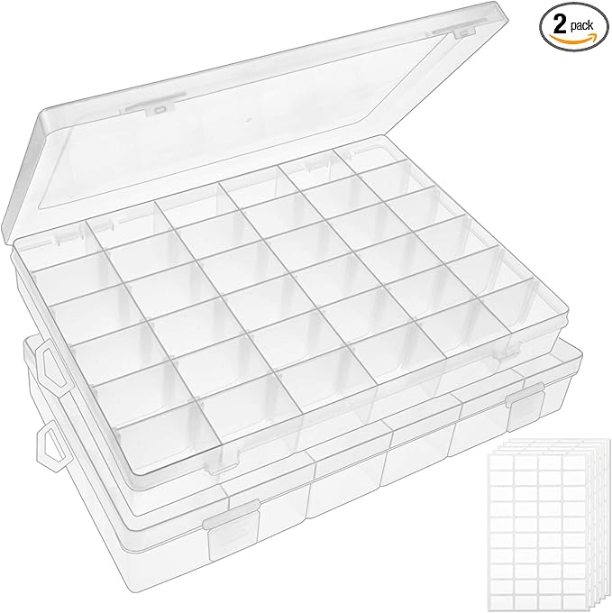OUTUXED 2 Pack 36 Grids Clear Plastic Bead Organizer Box, Fishing Tackle Box Compartment Organizer with Adjustable Dividers for Jewelry, Art Craft, Bead Storage Containers with 5 Sheets Label Stickers