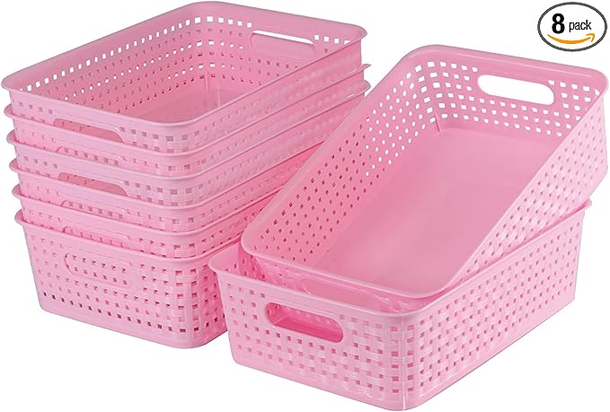 8 Pack Small Pantry Organization and Storage Bins - Household Organizers for Laundry Room, Bathrooms, Bedrooms, Kitchens, Cabinets, Countertops, Under Sink or On Shelves (Pink)