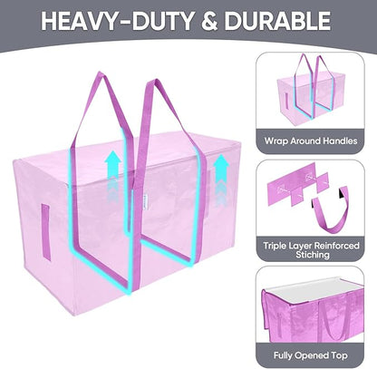 TICONN 4 Pack Extra Large Moving Bags with Zippers & Carrying Handles, Heavy-Duty Storage Tote Moving Boxes for Space Saving (4 Pack, Pink)