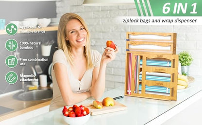 6-in-1 Magnetic Bamboo Drawer Organizer for Kitchen or Fridge, Adjustable Compartment Storage with Foil and Plastic Wrap Dispenser and Cutter – Fits Gallon, Quart, Sandwich, Snack Bags