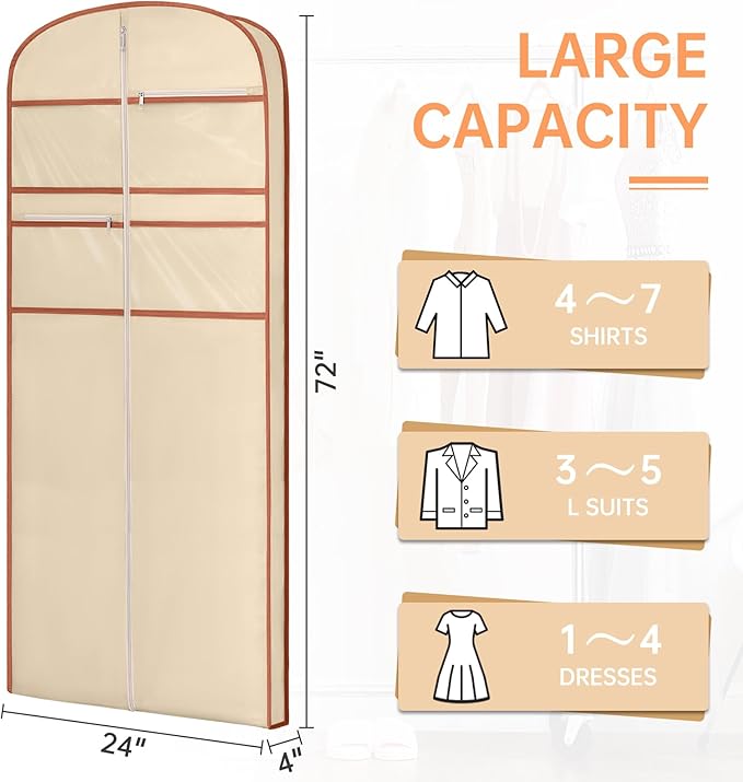 72" Garment Bag for Travel for Hanging Clothes Storage Hanging Suit Cover with Zipper and Accessory Storage for Coats, Dresses, Suits