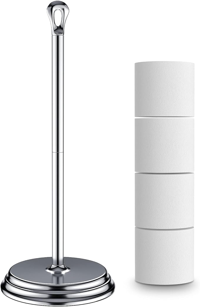Toilet Paper Holder with Rustproof, Metal Free Standing Toilet Paper Stand Storage for Bathroom, Tissue Paper Roll Holder for Bathroom Accessories (Polished Chrome)