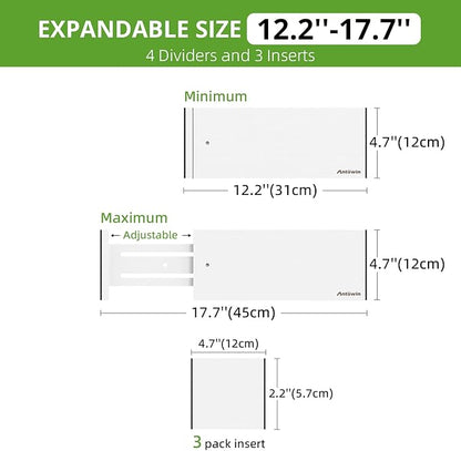 ANTOWIN 4 Pack Expandable Drawer Dividers, 4.7'' High, Extend from 12.2'' to 17.7'', Dresser Drawer Organizers, Bamboo Separators for Kitchen, Bedroom, Office, Bathroom (White)