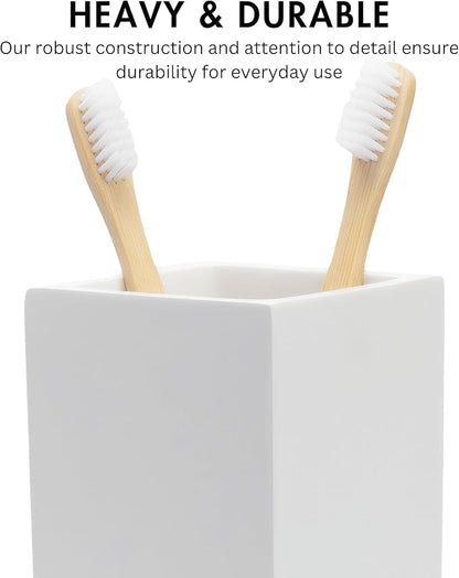 Yew Design Matte White Toothbrush and Toothpaste Holder for Bathroom Vanity and Countertop, Square Organizer for Electric Toothbrushes, Floss, Razors, Cotton, and Mouthwash
