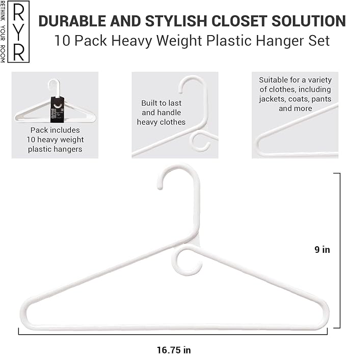Rethink Your Room Clothes Hangers 10 Pack Plastic - Heavy Duty Space Saving Coat, Pant Hangers for Closet Organization - Durable Non-Slip, White Wardrobe Essentials Bulk Storage