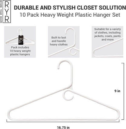 Rethink Your Room Clothes Hangers 10 Pack Plastic - Heavy Duty Space Saving Coat, Pant Hangers for Closet Organization - Durable Non-Slip, White Wardrobe Essentials Bulk Storage