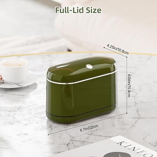 Mini Trash Can for Desk with 5 Rolls of Trash Bags, Small Press-Top Countertop Garbage Bin, Removable Waste Basket for Bedroom, Vanity, Coffee Table, Kitchen (Green Full-Lid)