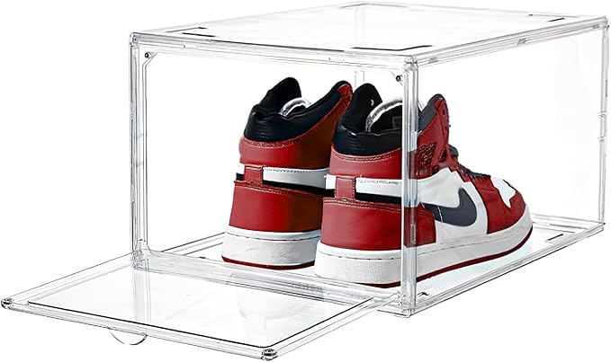 ShoeShield Ultra All Clear Shoe Boxes Plastic Stackable Professional Grade Shoe Display Case with Magnetic Front Drop Door Open Easy Assembly Modern Shoe Sneaker Display Case Fits US Size 14