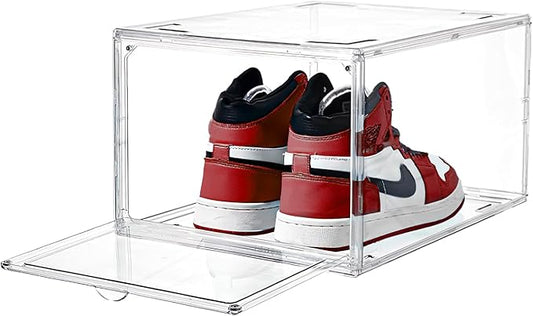 ShoeShield Ultra All Clear Shoe Boxes Plastic Stackable Professional Grade Shoe Display Case with Magnetic Front Drop Door Open Easy Assembly Modern Shoe Sneaker Display Case Fits US Size 14