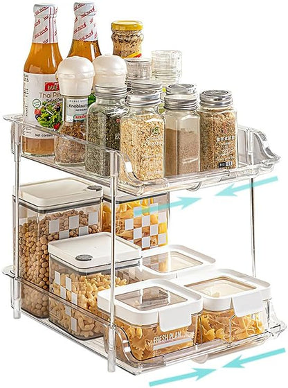 SOVGIZF Expandable Cabinet Organizer Shelf, 2-Tier kitchen Counter Organization Shelves, Spice Rack,Clear Plastic Countertop Storage Rack for Makeup, Pantry, Cupboard, Bathroom, Desk Organization