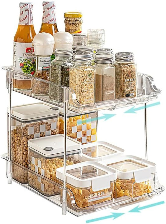 SOVGIZF Expandable Cabinet Organizer Shelf, 2-Tier kitchen Counter Organization Shelves, Spice Rack,Clear Plastic Countertop Storage Rack for Makeup, Pantry, Cupboard, Bathroom, Desk Organization