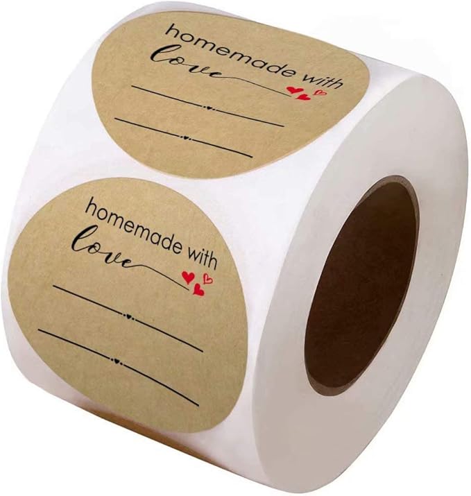 2 Inch Homemade with Love Sticker with Lines for Writing (500 Labels per roll) Brown Kraft Stickers for Canning Labels Jar, Store Owners, Crafts, Organizing, Gift, Price Tags, Envelop Seal