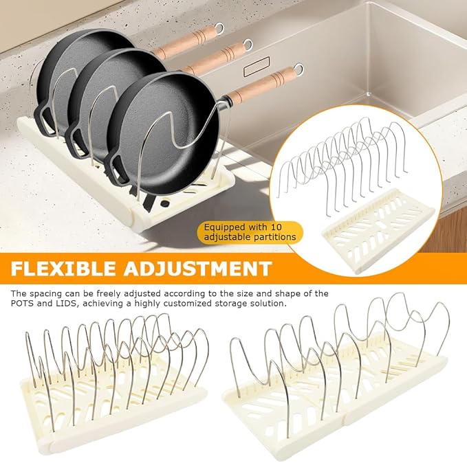 DiQiRenQin Pot and Pan Organizer, Expandable Pan Organizer for Cabinet, Pot Lid Holder with 10 Adjustable Compartments for Kitchen Cabinet Cookware Baking Frying Rack(White)