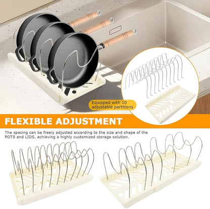 DiQiRenQin Pot and Pan Organizer, Expandable Pan Organizer for Cabinet, Pot Lid Holder with 10 Adjustable Compartments for Kitchen Cabinet Cookware Baking Frying Rack(White)