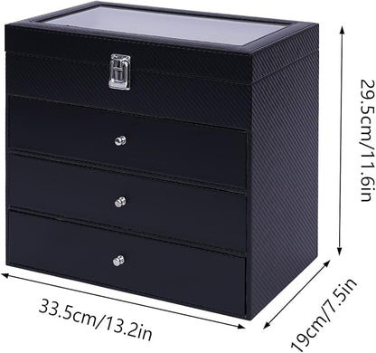 DouSeiAi 4 Layer Sunglasses Organizer, 24 grids of Glasses Sunglasses Storage Box, lockable Eyewear Display Case with Drawer (Black)
