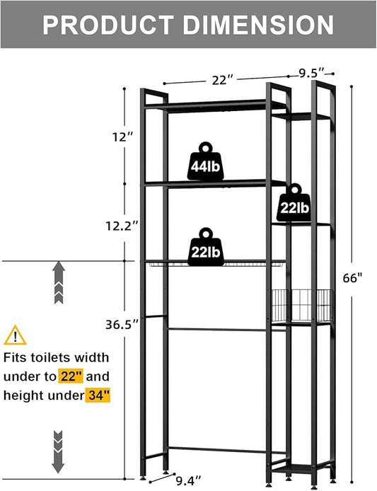 QOOIE Over The Toilet Storage with Wooden Shelves and Side Rack, 7-Tier Black Over Toilet Bathroom Organizer Freestanding Storage Shelf for Toilet Paper, Towels, Toiletries, 31.5" Wide