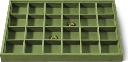 Velvet Stackable Jewelry Display Tray, 24 Grid Earring Ring Storage Tray, Drawer Divider Jewelry Accessories Organizer Plate (Olive Green)