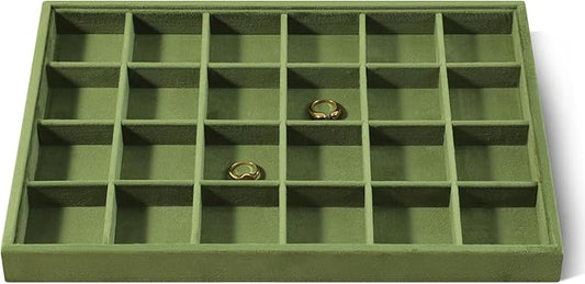 Velvet Stackable Jewelry Display Tray, 24 Grid Earring Ring Storage Tray, Drawer Divider Jewelry Accessories Organizer Plate (Olive Green)