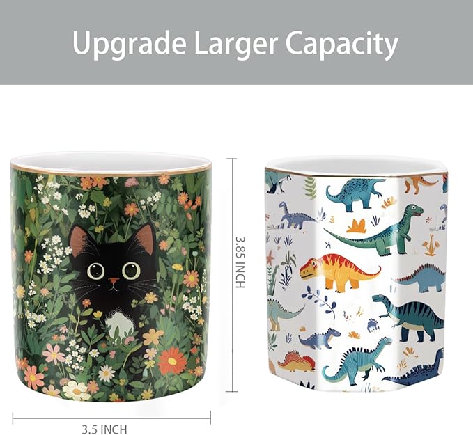 WAVEYU Pen Holder, Pencil Cup for Desk, Cute Makeup Brush Holder, Durable Ceramic Organizer Decor for Room, Office, Classroom, Cute Cat Pattern