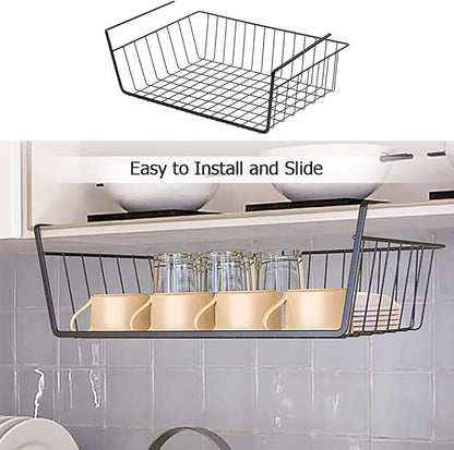 4 Pack Under Shelf Basket, Under Cabinet Organizer Shelf, Durable Metal Wire Rack Hanging Basket Storage Rack, Shelf Organizing for Kitchen/Pantry/Bathroom/Desk-Slide Arms Height:1.45in(Black)