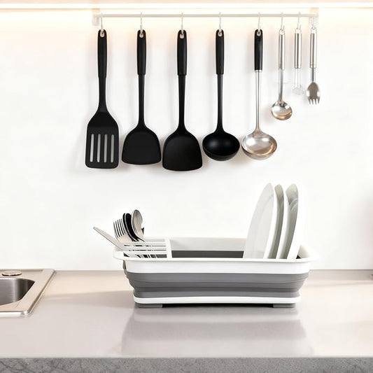 Collapsible Dish Drying Rack - Portable Foldable Dish Drainer with Utensil Holder for Kitchen, RV, Camping, Small Spaces - Space Saving Storage Organize