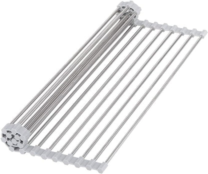 Hhyn Roll-Up Sink Drying Rack 17.7"(L) x 13.8"(W) - Multipurpose Heat Resistant Over The Stainless Steel & Silicone Dish Rollable Kitchen Drainer, Gray
