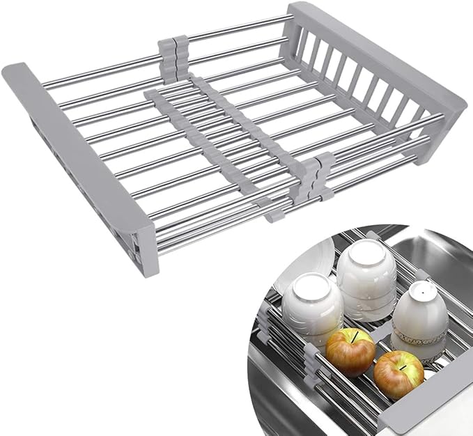 LUEXBOX Expandable Dish Drying Rack Over The Sink, Stainless Steel Drainer Basket with Adjustable Arms for Vegetable and Fruit (Grey)