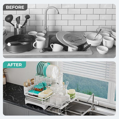 HANLE 2 Tier Large Dish Drying Rack - Extendable Dish Rack, 2-in-1 Anti-Rust Stainless Steel Dishrack for Kitchen Counter and Sink, Dish Strainer with Utensil Holder & Cup Holder(White)
