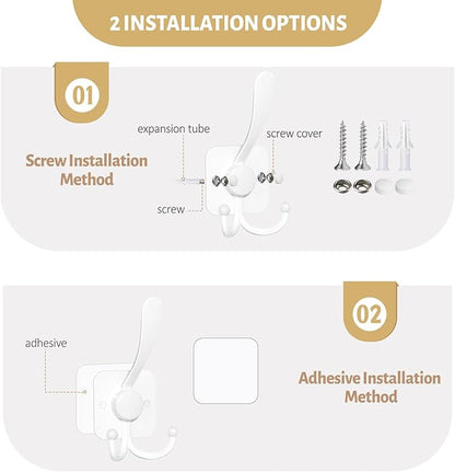 VIS'V 3 Prong Coat Hooks Wall Mount, Metal Self Adhesive Entryway Wall Hooks, 2 Mount Options, White, 4 Pcs