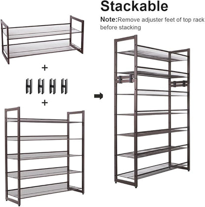 SONGMICS Shoe Rack, 5-Tier Shoe Organizer, Metal Shoe Storage for Garage, Stackable Shoe Shelf, with Adjustable Flat or Angled Shelves, 20-25 Pairs, Bronze ULMR05A
