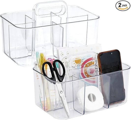 2 Pack Clear Caddy Organizer with Handle, Portable Art Supply Storage Organizers, Plastic Tote Holder for Shower, Dorm, Bathroom, Crafts, Makeup, Pencils, Office School Supplies