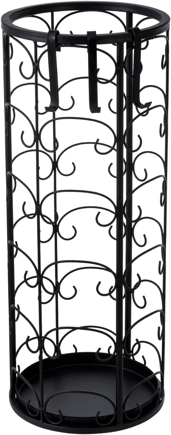 MyGift Matte Black Metal Umbrella Stand with Decorative Vintage Scrollwork, Freestanding Cane or Walking Stick Holder Rack with 3 Hanger Hooks for Compact Travel Umbrellas