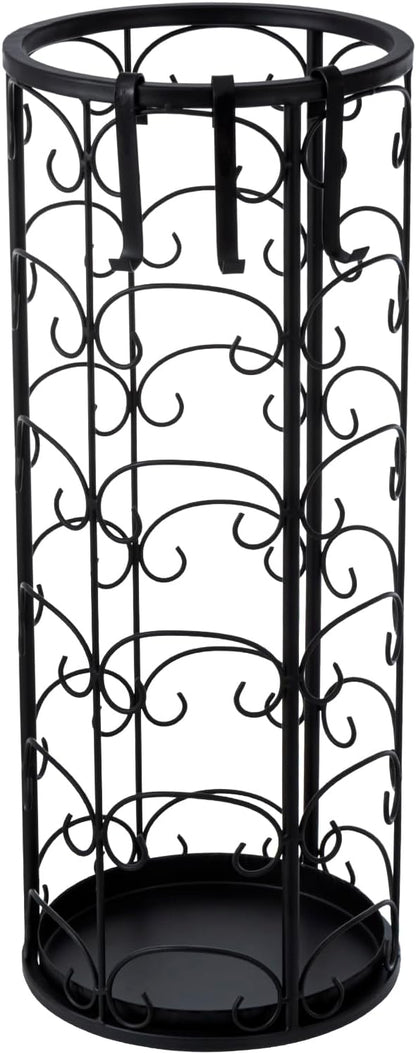 MyGift Matte Black Metal Umbrella Stand with Decorative Vintage Scrollwork, Freestanding Cane or Walking Stick Holder Rack with 3 Hanger Hooks for Compact Travel Umbrellas