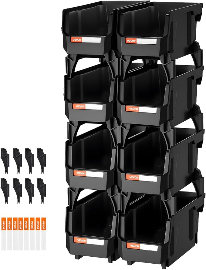 VEVOR Plastic Stackable Storage Bins, 10.9 x 5.5 x 5.1 inch (8 Pack), Plastic Containers for Organizing and Storage Bins for Closet, Garage, Small Parts, Office Supplies and Other Accessories, Black