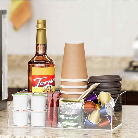 Coffee Bar Station Organizer, Acrylic Countertop Holder for Pod Cup Condiment Stirrers Snack Tea, Bar Accessories, Decor and Essentials, Gift for Coffee Lovers, Clear