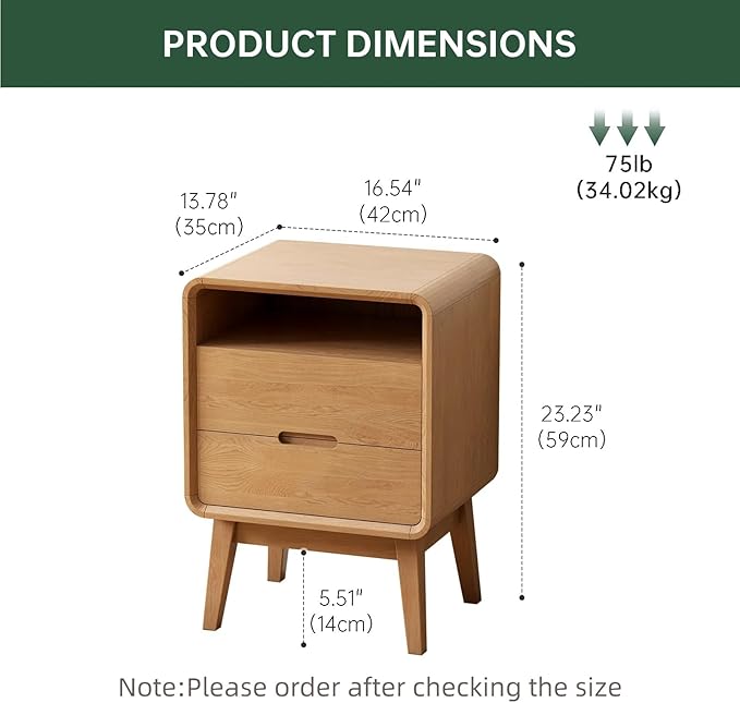 Vadisun Solid Wood Nightstand Set of 2, Mid Century Modern Nightstand with Drawers, Natural Wood Nightstand with Storage, Wooden Night Stand, Small Nightstands, Bedside Table for Bedroom(23.23" H)