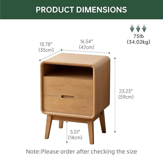 Vadisun 100% Solid Oak Wood Nightstand with 2 Drawers, Mid Century Modern Night Stand with Open Shelf, Wooden Nightstand, Small Night Stand for Small Spaces, Oak Bedside Table for Bedroom(23.23" H)