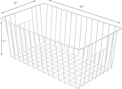 Freezer Basket Organizer, Refrigerator Metal Wire Storage Divider, Household Container Bins with Handles for Kitchen, Pantry, Cabinet, Closets - Pearl White (4, 16in x 9in x 7in)