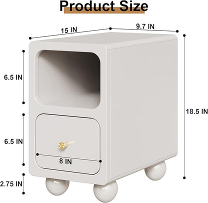 Solid Wood Night Stand, Narrow Nightstand with Drawers, White Mid Century Modern Nightstand, Small Beside Table with Open Storage Shelf for Bedroom (10 inch)